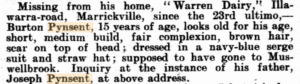 News clipping describes 15-year-old Burton Pynsent as looking old for his age, medium build, fair complexion, brown hair, in navy-blue serge and a straw hat. He's seemingly gone missing.