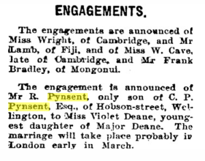 News clipping announcing the engagement of R. Pynsent, of Hobson Street, to Violet Deane.
