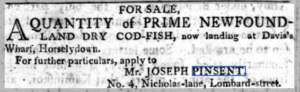 Small newspaper advertisement selling Newfoundland cod, as posted by Joseph Pinsent.