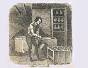 Old black and white drawing of a man pouring a substance into a mold.