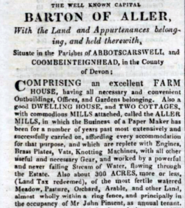 Newspaper clipping describing the Barton of Aller as available for sale.