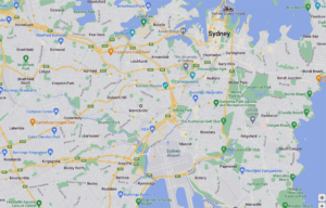 Google Maps map of Bondi and Marrickville, Sydney, New South Wales.