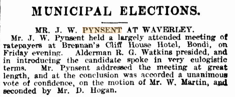 News clipping titled 'Municipal Elections'. It explains that Pynsent held a largely attended meeting at Brennan's Cliff House Hotel, Bondi. He spoke at length and was given a unanimous vote of confidence.