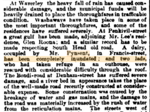 News clipping describing the widespread damage caused by flooding due to heavy rains. Roads are washed out, including some that were recently constructed. Two boys taking refuge in an outhouse are rescued with difficulty through the roof. Water and gas mains are broken, with more damage to the roads caused by the rush of water from the reticulation mains.