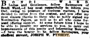 News clipping of Joseph Pynsent's own words. He announces that because of business matters he is retiring from the contest. He gives his thanks for those who signed his Nomination Papers and offered him support.