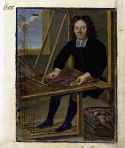 Painting of a squat-faced man with a dark curly wig sits in front of a loom.