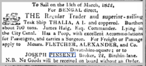 Newspaper clipping advertising the sailing of the ship Thalia to Bengal.