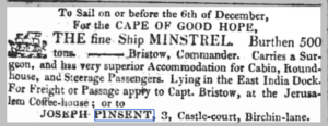 Advertisement describing the sailing of a ship on or before December 6th for the Cape of Good Hope.