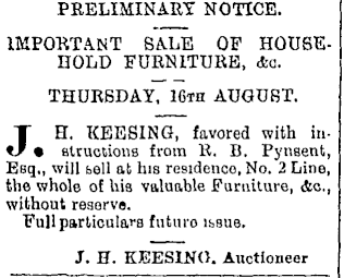 News clipping titled 'preliminary notice' of a sale of a house and furniture.