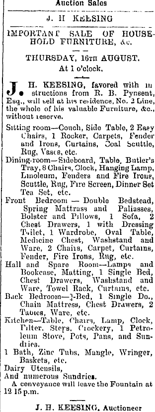 News clipping with an exhaustive list of items available for sale, including furniture, crockery, stove, bathtub, mattresses, chairs, pillows, etc.