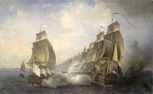 Painting of two sailing ships firing on each other.