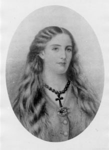 Painting of a young woman with flowing hair and a Catholic cross.,