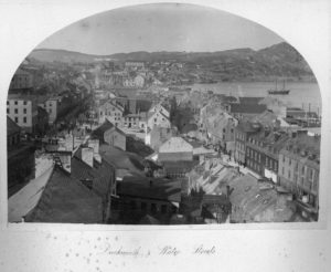 An expansive photo of two city streets in 1880s St. John's, as taken from a high vantage point.
