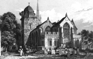 Engraving of an ornate stone church.