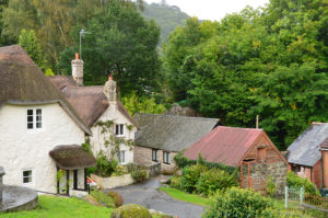 Colour photo of a cluster of houses among trees.