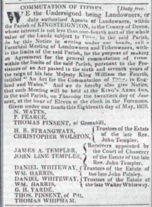 An excerpt from a newspaper describing the landowners and their representatives of Kingsteignton calling for a meeting to discuss the commutation of tithes.