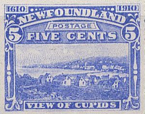 A blue postage stamp reading Newfoundland Postage Five Cents, View of Cupids. The illustration is a small drawing of a town on the water.
