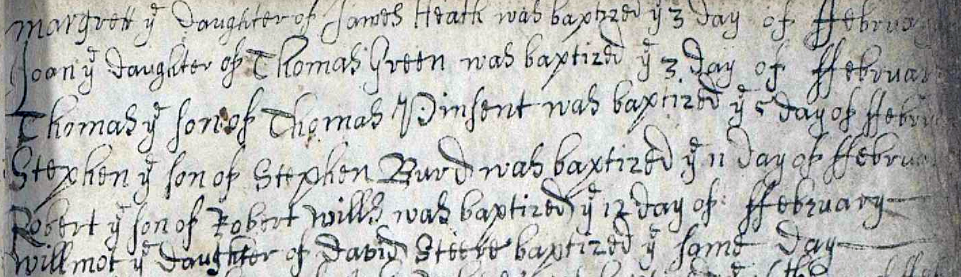 Excerpt of a handwritten record of the baptism of Thomas Pinsent, son of Thomas Pinsent.