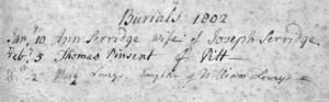 Handwritten record of Thomas's burial on February 5, 1802.
