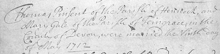 Excerpt of handwritten record noting Thomas Pinsent's marriage to Mary Gale in May of 1712.