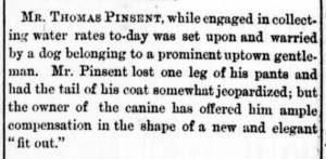 Small newspaper clipping describing Thomas Pinsent being bitten by a dog.
