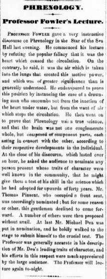 A small newspaper clipping describing a phrenology lecture.