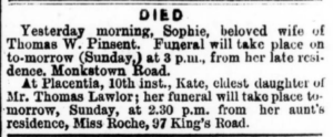 A small newspapr clipping describing the death of Sophie Pinsent and her scheduled funeral.