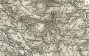 A detailed black-ink map showing Huxbeare, Hennock, Combe and other locations.