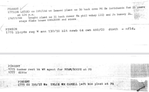 Typed notes, written in shorthand, describe Pinsent leasing a plantation in 1775, then buying a second plantation in 1787.