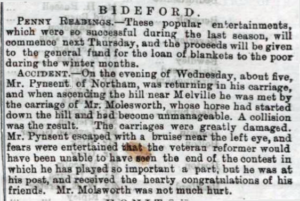 Newspaper article describing Molesworth's carriage crashing into Thomas Pynsent's own carriage.