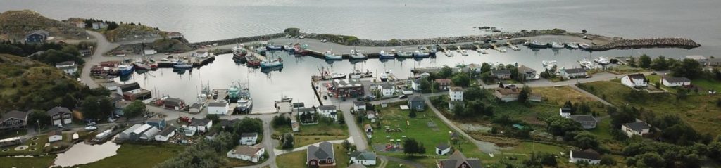 A panorama drone photograph of modern Port de Grave