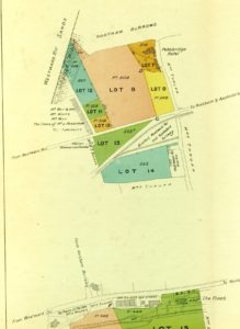 A simple map illustrating the placement of parcels of land. The lots are in bright colours.