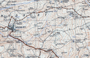 A topographical map of Modbury and its environs.