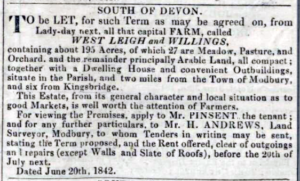 Newspaper advertisement describing the West Leigh and Willings farm for lease.