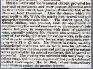 Excerpt from a newspaper describing the Tallis and Co.'s annual dinner at which William's work is acknowledged.