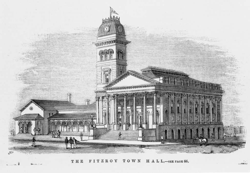 An old engraving of a ornate building with Greek columns. The text reads "the Fitzroy Town Hall -- See page 86".