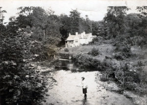 A woman with short dark hair stands in the river, fishing.