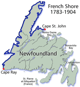 A map of Newfoundland with a thick blue line tracing its north-eastern coast between Cape St. John and Cape Ray. This is the French Shore, dated 1783-1904.