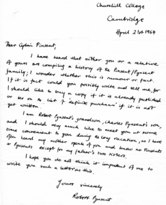 Handwritten letter. Robert asks whether rumours that someone is writing a family history is true. He asks to buy a copy. He explains his family connection and asks to meet Guy.