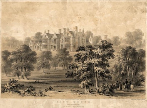 Black and white painting of a stately home behind scattered trees.