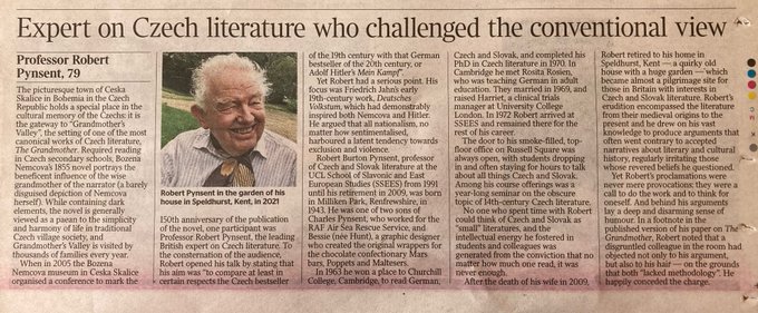 Scan of a newspaper article titled "Expert on Czech literature who challenged the conventional view." It includes a picture of Robert in his 70s, with unkempt white hair and a smile.