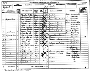 Handwritten entries into a census document. It includes John Pinsent, his wife H. D. Pinsent, and sons Thomas and John.