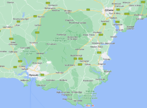 Map showing South Devon. Plymouth is in the south-west, Exeter is in the north-east, and Dartmoor National Park in the centre.