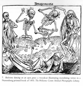 Woodcut of lively skeletons dancing atop a grave, as another skeleton shrugs off their sheet and rises from the ground. Title is "Imago mortis" and the citation is 7. Skeletons dancing on an open grave: a woodcut illustrating moralizing verses in a Nuremberg printed book of 1493, the Wellcome Centre Medical Photographic Library.