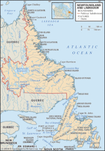 Map showing Newfoundland, Labrador, and segments of Quebec. Labrador hugs the Quebec coast, while Newfoundland is an island.