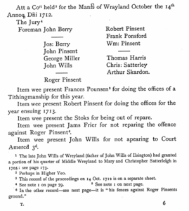Printed document reading Att a cort held for the Mann of Wrayland October the 14th Annoq Dni 1612. The Jury: Foreman John Berry, Jos: Berry, John Pinsent, George Miller, John Wills, Roger Pinsent, Robert Pinsent, Frank Ponsford, Wm: Pinsent, Thomas Harris, Chris: Satterley, Arthur Skardon. Item wee present Frances Pounsen for doing the offices of a Tighingmanship for this year. Item wee present Robert Pinsent for doing the offices for the year ensuing 1613. Item wee present the Stoks for being out of repare. Item wee present Jams Frier for not reparing the offence against Roger Pinsent. Item wee present John Wills for not apearing to Court Amercd 3d.