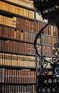 Shelves of old-looking, leather-bound books.
