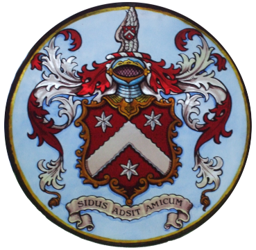 Red and silver coat of arms featuring a scalloped chevron (V shape) and three six-point stars.